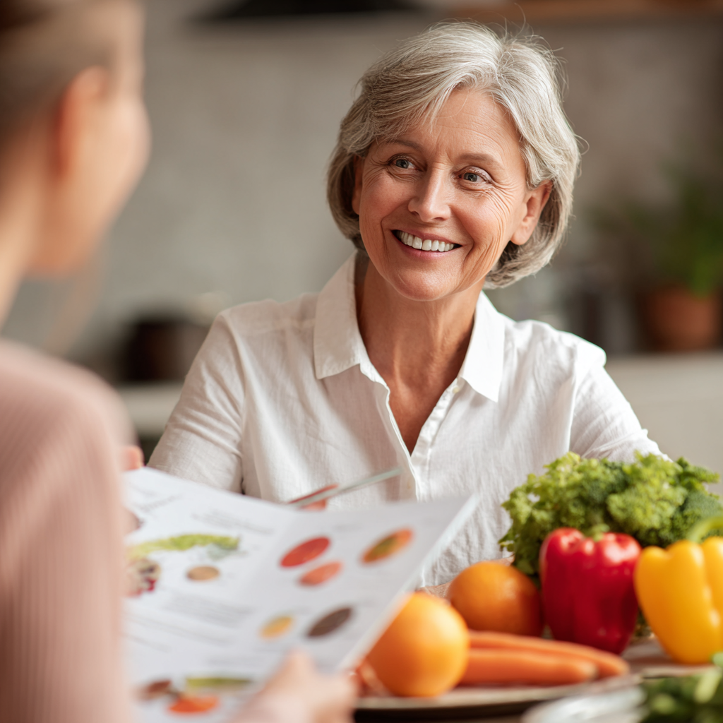 Щасливі літні європейці тримають тарілки зі здоровою їжею, усміхаючись на кухні
