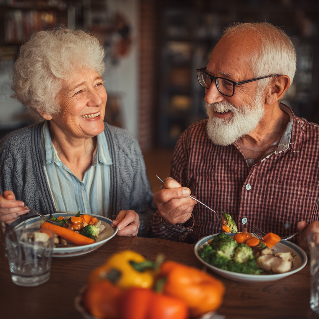 Літня європейська пара готує здорову їжу разом на кухні, усміхаючись і тримаючи свіжі овочі