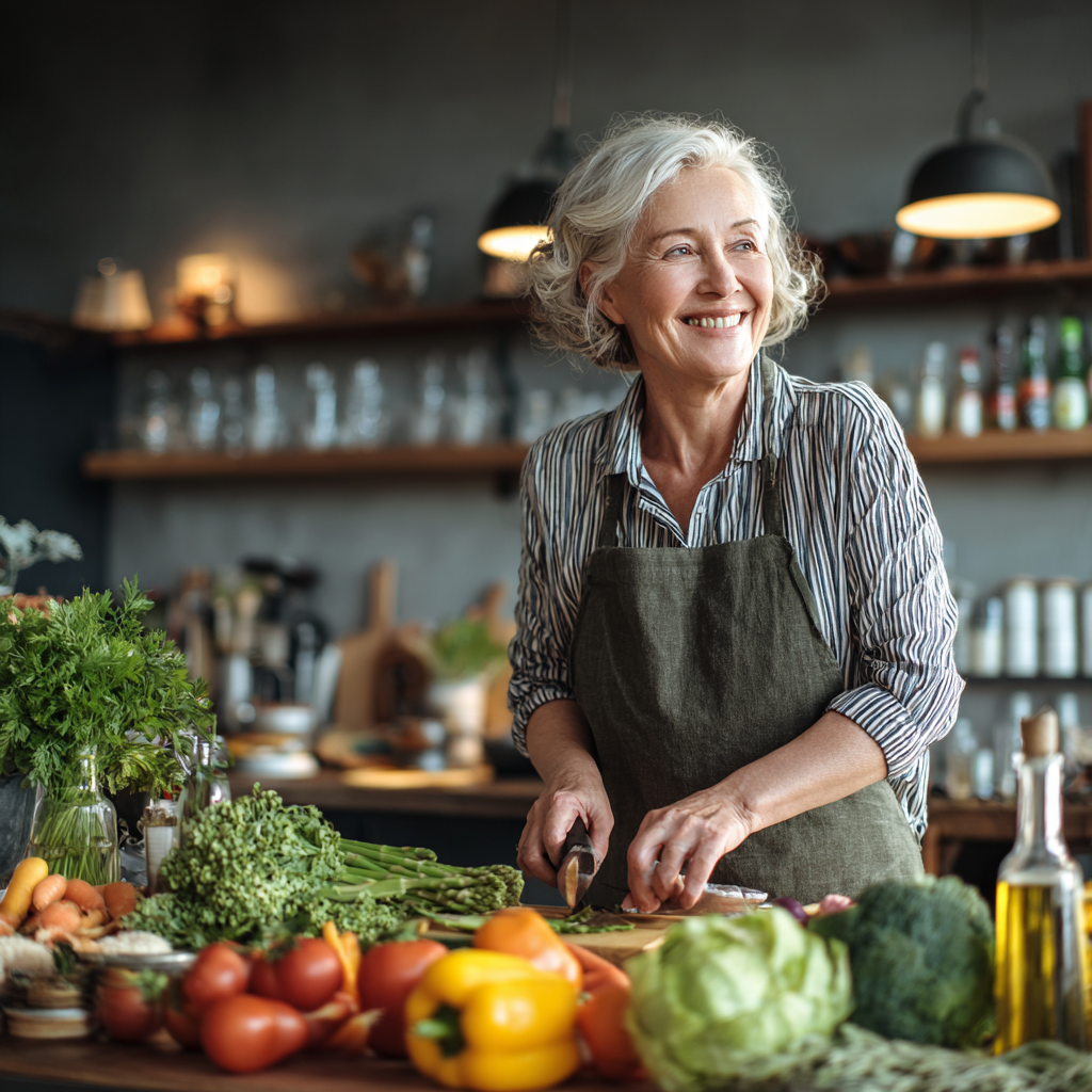 Літня європейська жінка із задоволенням їсть салат на відкритому повітрі, виглядає здоровою та енергійною